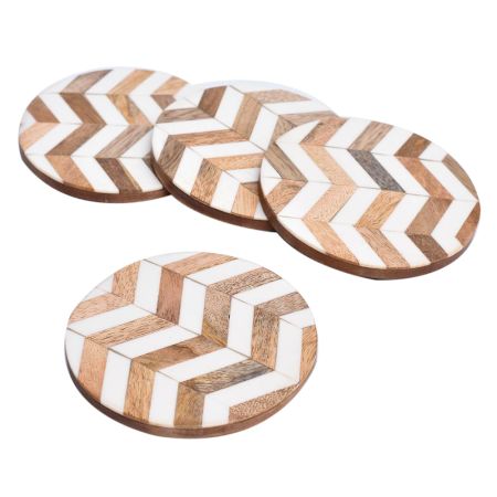 Round Wooden Coasters with White Resin Inlay Geometric Design-Set of 4